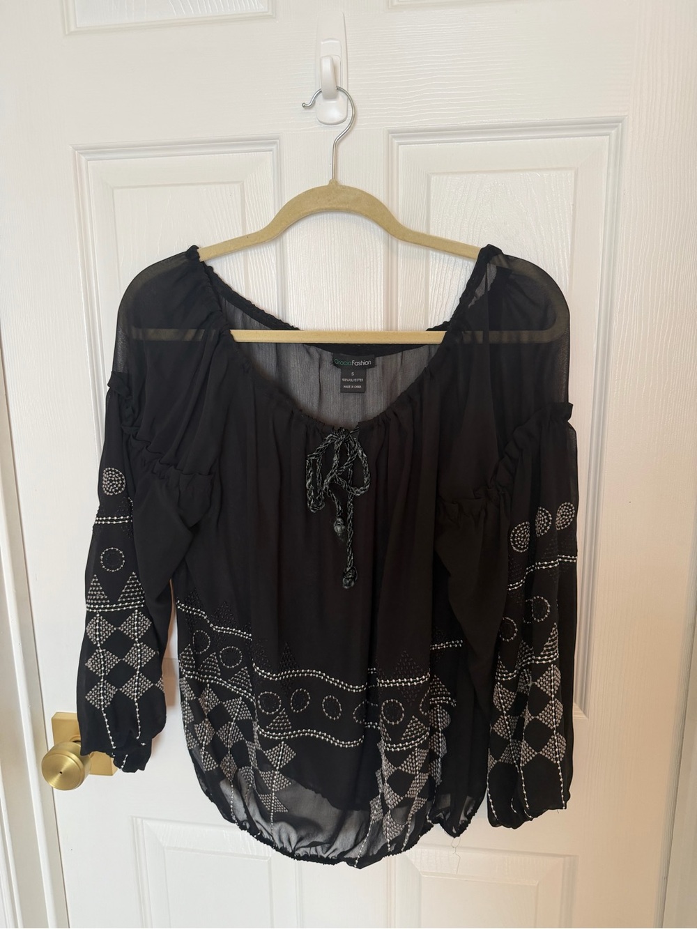 Black Embellished Peasant Blouse with Tie Neck
